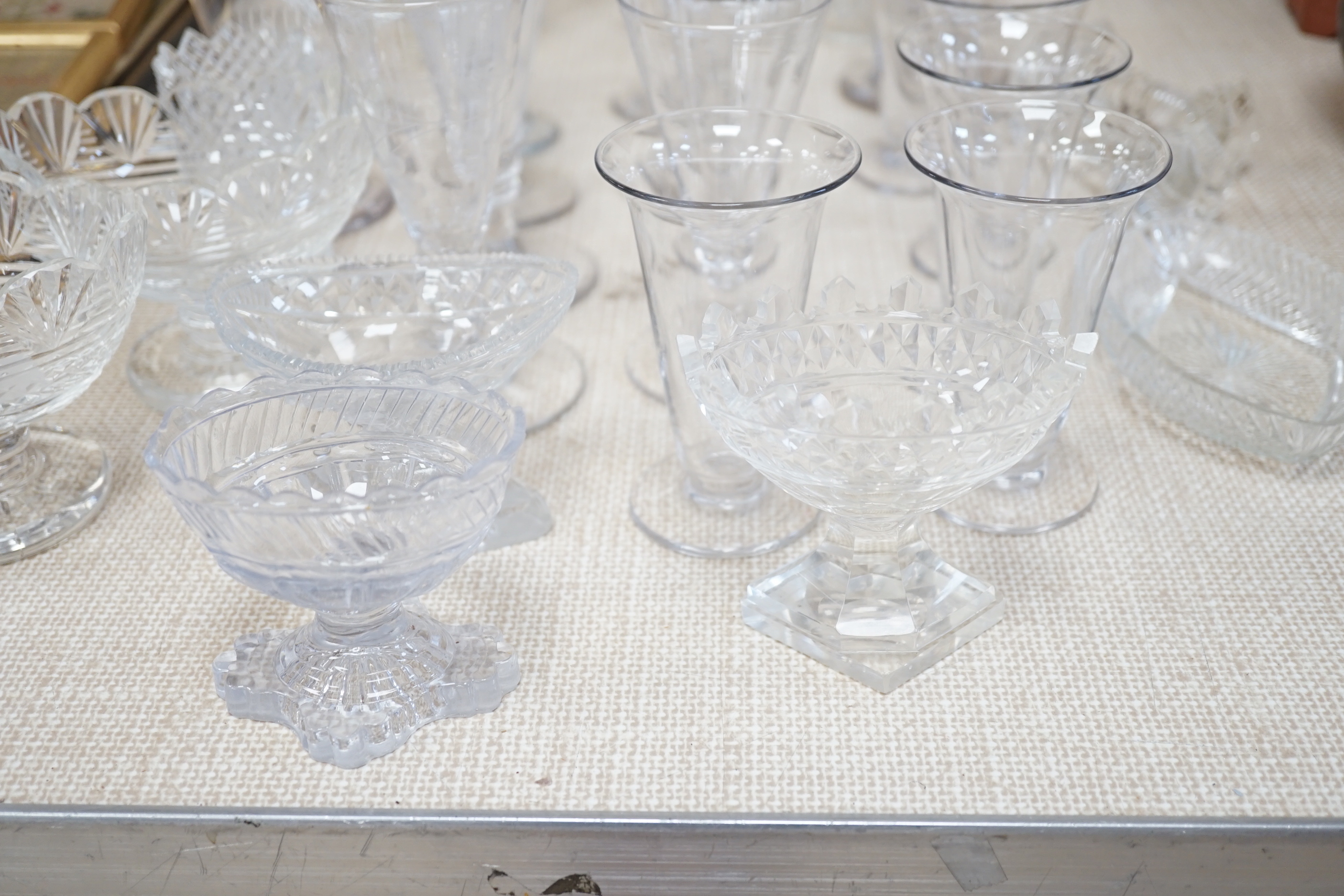 A quantity of cut and engraved glass including salts, decanters, cocktail shaker, rummers etc (30)